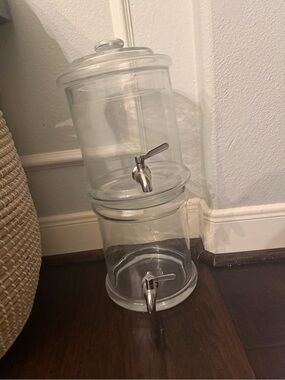 Pottery Barn Clear Glass Double-Tier Beverage Dispenser with Silver Spigots